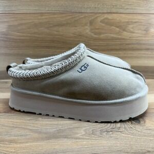 UGG Tazz Slippers Womens 10 Sand Suede Platform Chunky Shearling Fur Lined